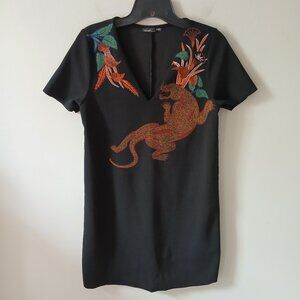 Zara Women's Black Mini Sheath Dress Size Small Jaguar Floral Short Sleeve Vneck